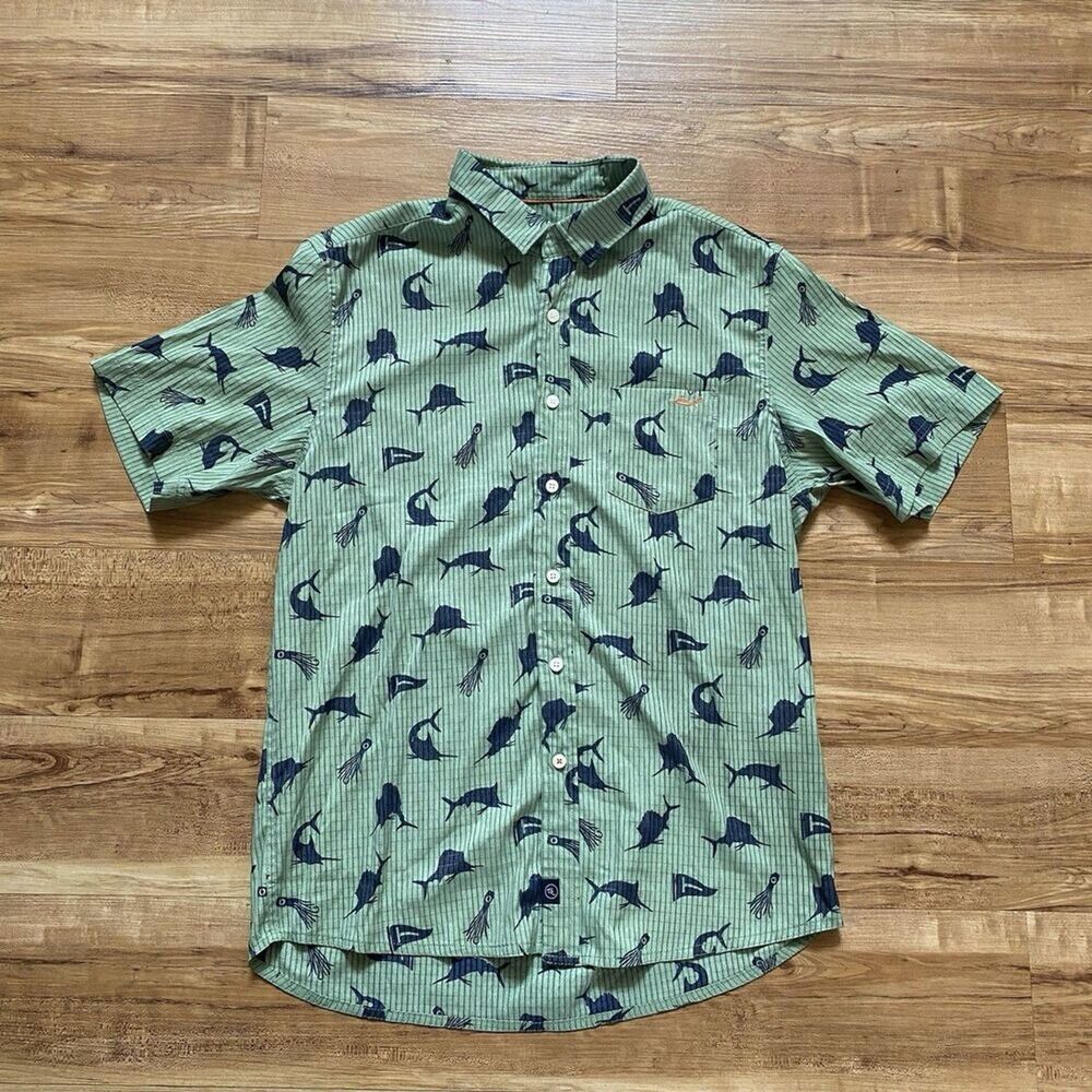 SALT LIFE Mens M Green Button Up Shirt Outdoor Fishing Beach Hawaiian Stretch